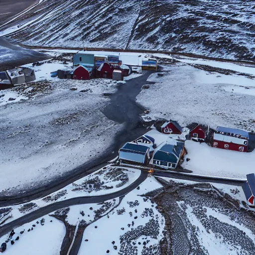 Image similar to snowy region on coast of Iceland, old mine and crates full of supplies buried in snow::2 aerial drone perspective, top down view ::1 sattelite image of snow from 150 meters height, some coal boxes and barrels are covered in snow, old mine remains :: 1 snow, wind falling snow ::1