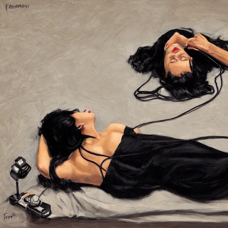 Image similar to Ground Level Shot, long shot of a beautiful dark haired woman wearing a black dress, laying on her back on a bed, holding old telephone hand peice with twisted cable by fabian perez