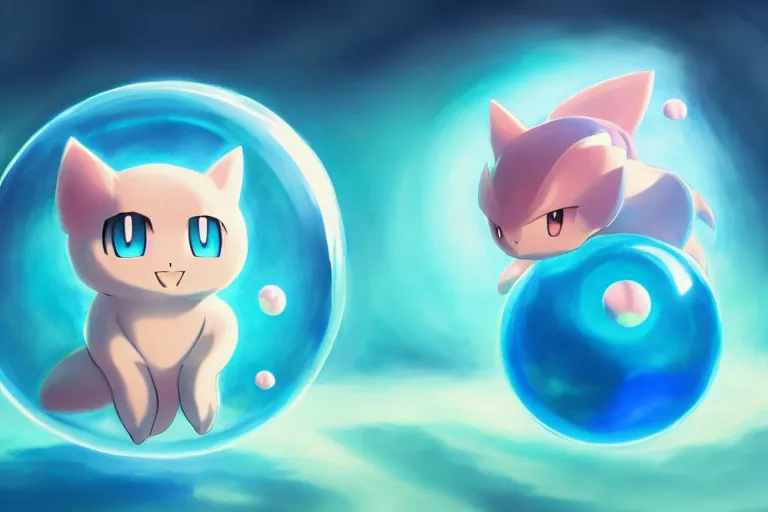 Prompt: cinematic portrait of cute Mew riding large blue bubble, oil on canvas in the style of Pokemon, epic masterpiece, trending on artstation, featured on pixiv, cinematic composition, dramatic pose, beautiful lighting, sharp, details, hyper-detailed, HD, HDR, 4K, 8K