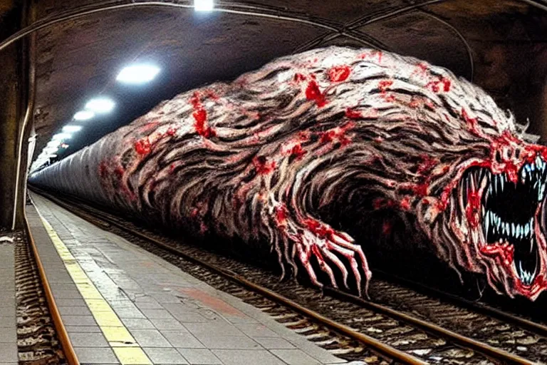 Image similar to very large giant mutant zombie irradiated ( angry rat ) staying on railways in tonnel of moscow subway. tonnel, railways, giant angry rat, furr, fangs, very realistic. extreme long shot, rusty colors, anish kapoor, ( herman nitsch, giger ).