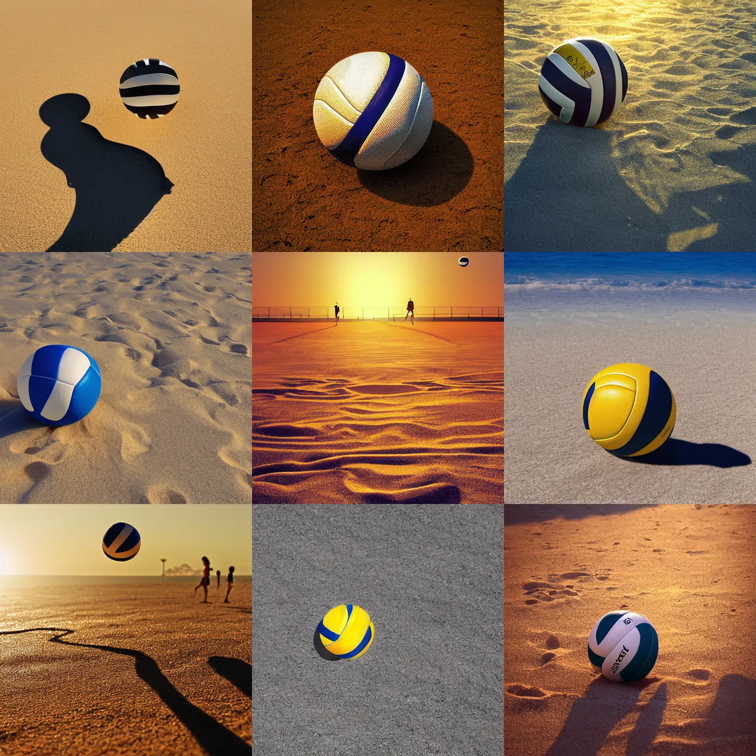 Prompt: a volleyball laying on a sunny beach, long shadows, digital art