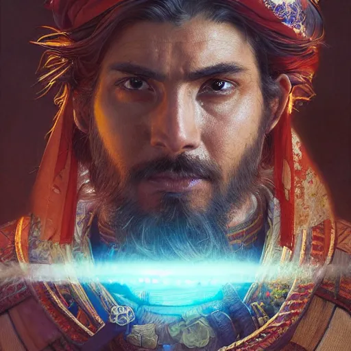 Prompt: Hyper realistic detailed portrait of Kurdish samurai, Stephen Bliss, unreal engine, fantasy art by Greg Rutkowski, Loish, Rhads, ferdinand knab, Makoto Shinkai and Lois van baarle, ilya kuvshinov, rossdraws, Tom Bagshaw, alphonse mucha, global illumination, radiant light, detailed and intricate environment, highly detailed, award winning art