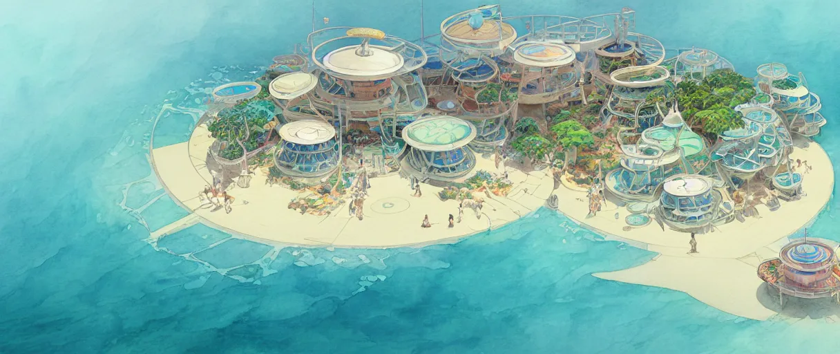 Prompt: circular view of sea resort beach hotel, colony on ocean planet, studio ghibli, pixar and disney animation, science fiction, cyberpunk, sharp, disney concept art watercolor illustration by mandy jurgens and alphonse mucha, pastel color palette, dynamic lighting