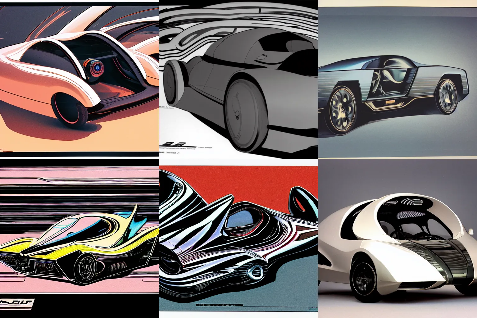 Prompt: Product color photo of car designed in the style of H R Giger + Syd Mead 80s