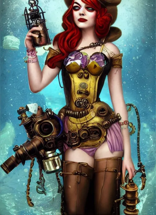 Image similar to underwater steampunk bioshock pirate portrait of emma stone, pixar style, by tristan eaton stanley artgerm and tom bagshaw.