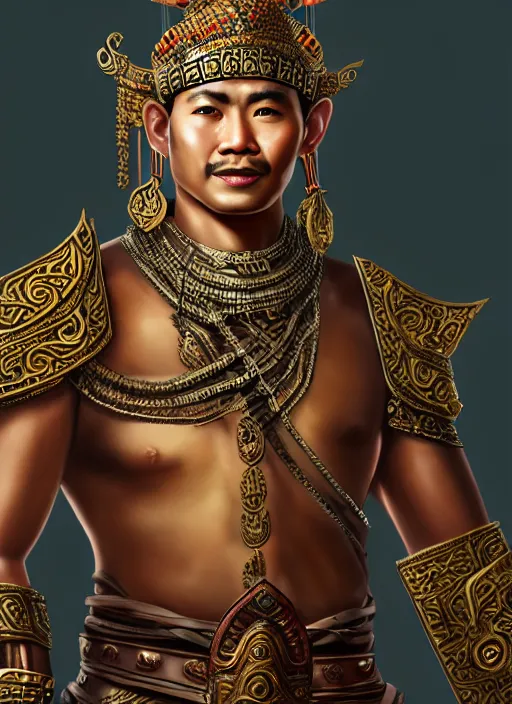 Image similar to smart tai warlord of sukhothai, closeup portrait, without beard and mustache, historical hero, ethnic group, tai costume, thai transitional bronze headdress, intricate, with leather armor cross on bare chest, elegant, loin cloth, highly detailed, oil painting, artstation, concept art, matte, sharp focus, illustration, hearthstone, art by earl norem