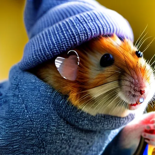 Prompt: hamster wearing a beanie smoking a bong