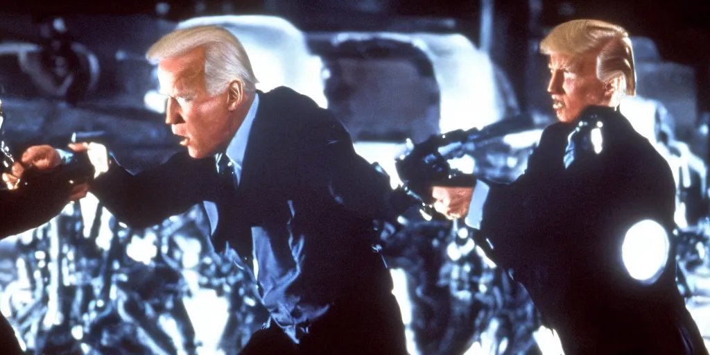 Image similar to joe biden in the terminator shooting terminator donald trump, cinematic, two characters, highly detailed, photorealistic, cinematic lighting, James Cameron