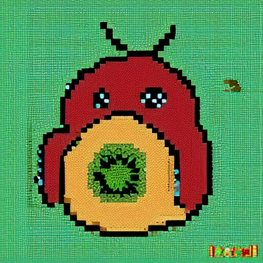 Prompt: kiwi bird eating kiwi fruit, pixel art