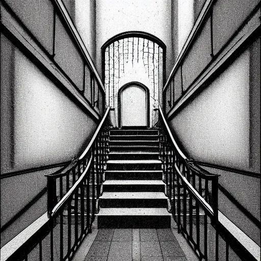 Image similar to a terrifying dark hallway with many doors and many stairs, impending doom, horror, Mc Escher architecture, epic composition, anime key visual