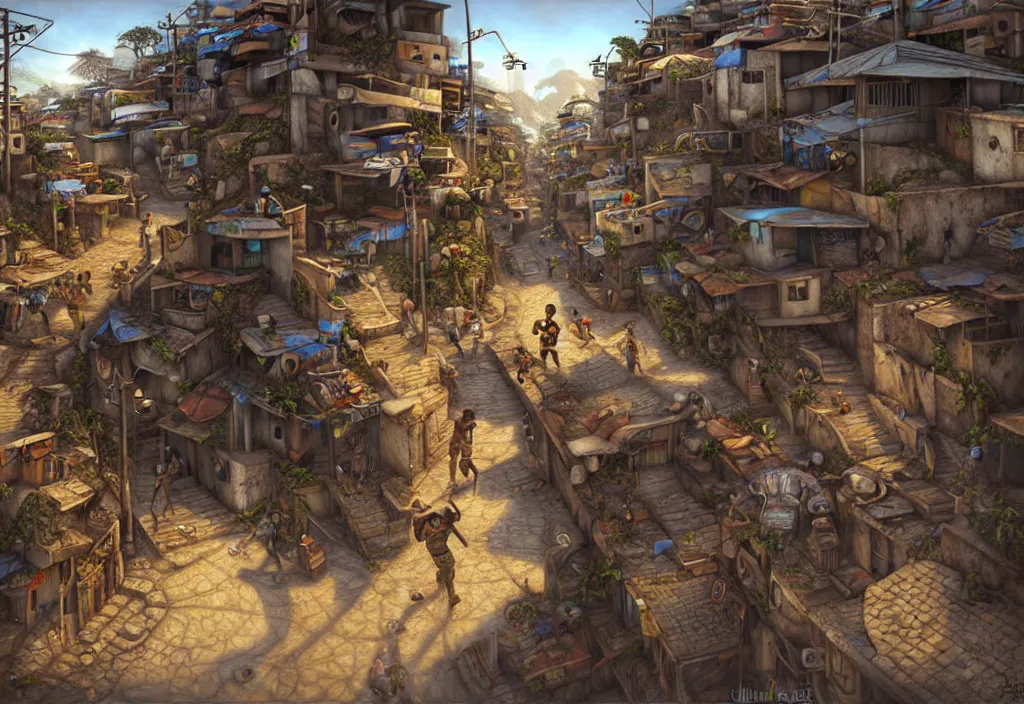 Image similar to photorealistic favela rio with precise rendered guns with intricate details of gun and kids in by Justin Gerard