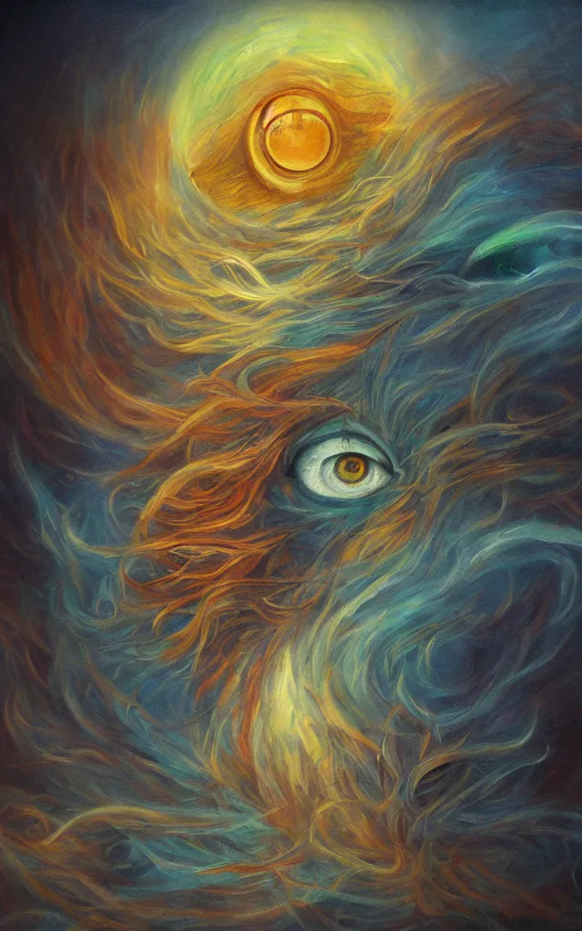 Prompt: iridescent spirit of wrath and fear cruel beautiful spirit with golden eyes lunar mythos ambient fog, award winning oil painting, lunar color palette