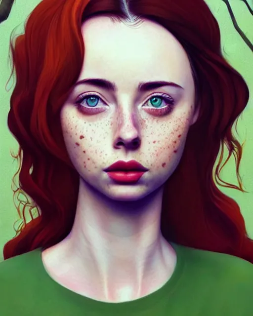 Image similar to gorgeous Kacey Rohl, realistic character concept, red hair, freckles, symmetrical face, symmetrical eyes, green dress, forest, trees, shorter neck, cinematic lighting, artgerm, Joshua Middleton, Adreas Rocha, beautiful