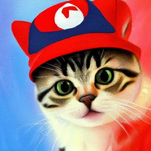 Prompt: A beautiful oil painting of a Kawaii Cat wearing a Super Mario Hat, art by michelangelo, volumetric lighting, photorealistic, highly detailed.