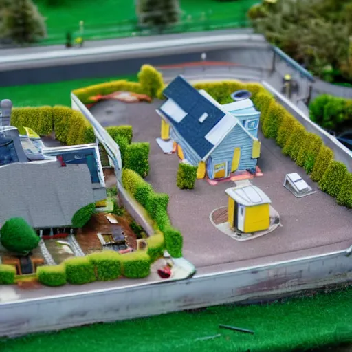 Prompt: diorama of The Simpsons' house, 742 Evergreen Terrace, tilt-shift photography, highly detailed