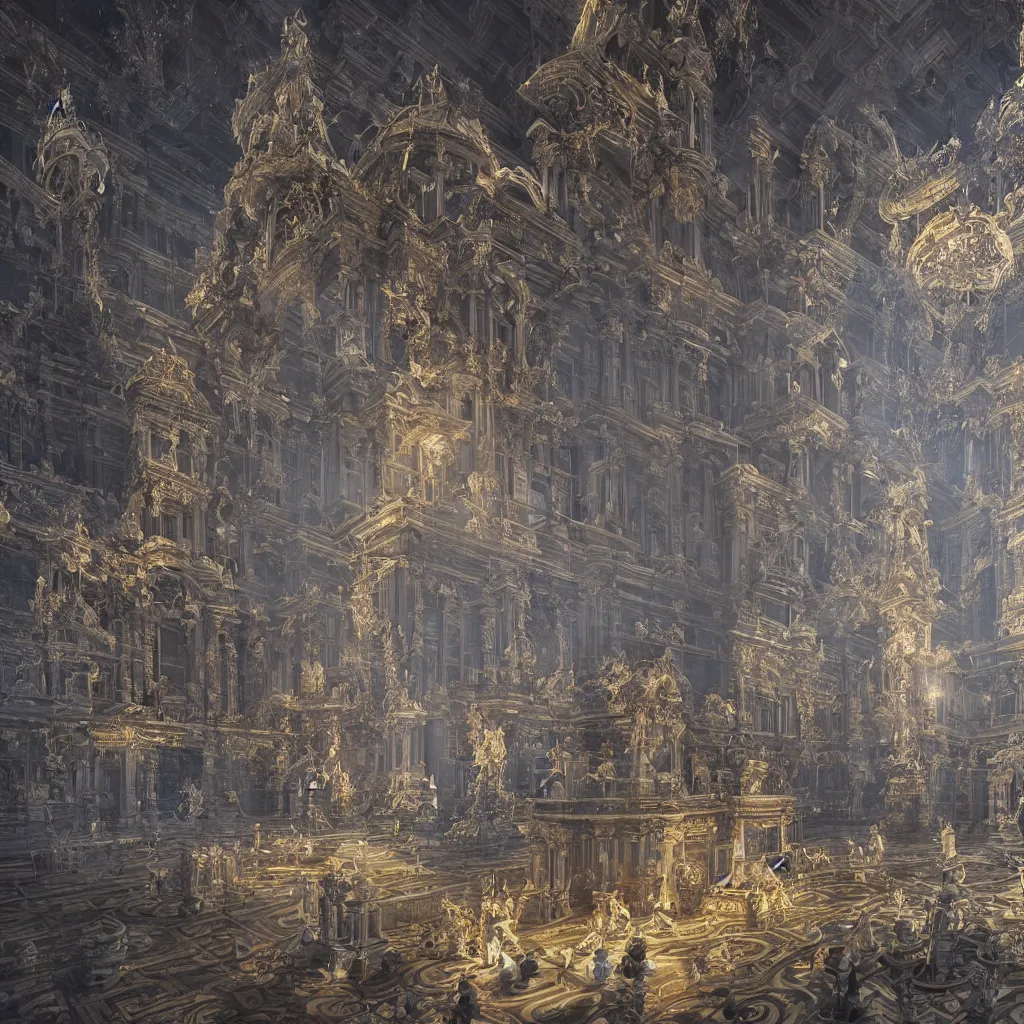 Prompt: “a baroque temple to artificial intelligence built by nano bots in the year 2100, with only one cyborg at the center observing moving particles of data, highly detailed in 4K, hyper realistic”