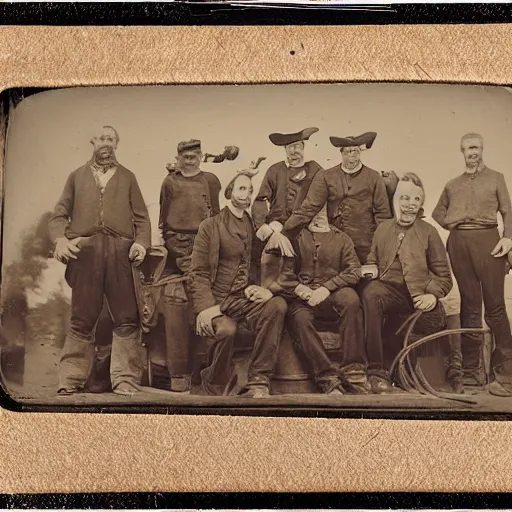 Prompt: a tintype photo of the crew of an 1800's whaling ship