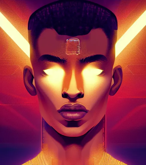 Image similar to symmetry!! egyptian prince of technology, solid cube of light, hard edges, product render retro - futuristic poster scifi, lasers and neon circuits, brown skin man egyptian prince, intricate, elegant, highly detailed, digital painting, artstation, concept art, smooth, sharp focus, illustration, dreamlike, art by artgerm