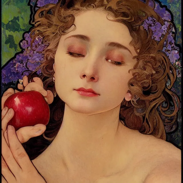 Image similar to an aesthetic! detailed close - up portrait of an aesthetic woman crying mournfully while holding an apple, by frank frazetta and alphonse mucha, oil on canvas, bright colors, art nouveau, epic composition, dungeons and dragons fantasy art, hd, god - rays, ray - tracing, crisp contour - lines, huhd - 8 k