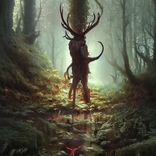 Image similar to highly detailed creepy forest creature with antlers, stephen bliss, unreal engine, fantasy art by greg rutkowski, loish, rhads, ferdinand knab, makoto shinkai and lois van baarle, ilya kuvshinov, rossdraws, tom bagshaw, global illumination, radiant light, detailed and intricate environment