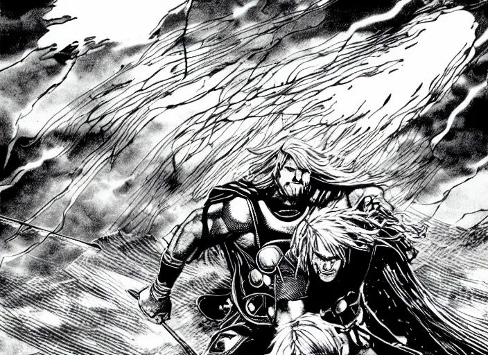 Image similar to thor with blond hair catches lightning and holds an ax in an epic battle with storm clouds with faces monsters by tsutomu nihei, black and white, epic battle background, comic, cinematic