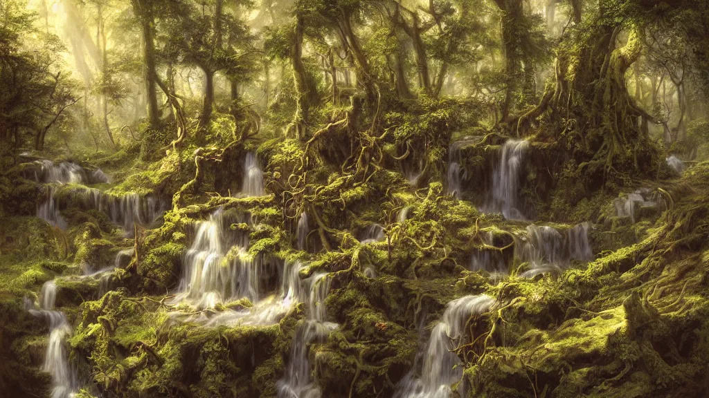 Image similar to an overgrown chasm in the earth leads down into darkness with many small waterfall streams and gnarled exposed tree trunks and roots ponds and wildlife, in a style blend of kunstler and leyendecker and rockwell, fine art, volumetric lighting, intricate details