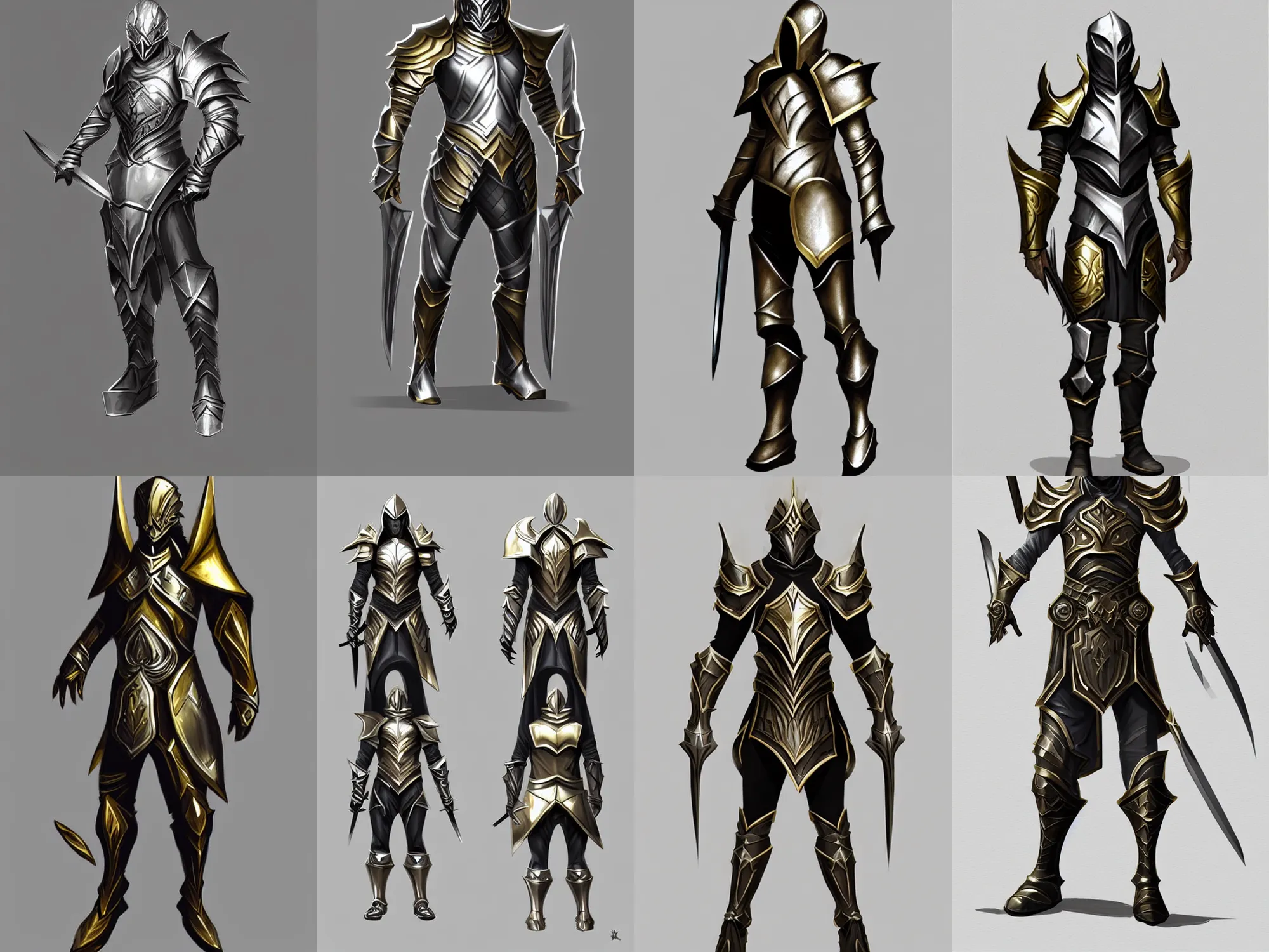 Prompt: fantasy assassin armor, big shoulders, concept sketch, silver with gold trim, extremely polished, heavy exaggerated proportions, flat shading, smooth, uncluttered, extremely clean, fantasy character portrait, professional concept art, orthographic front view, A-pose, full body