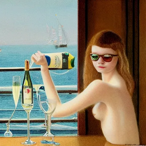 Image similar to Elle Fanning on a yacht next to a bottle of champagne, extremely detailed masterpiece, illustration, by Michael Sowa,