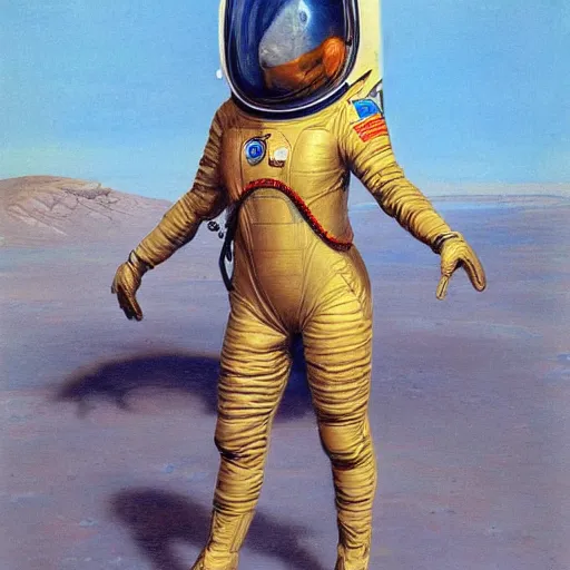 Prompt: Oil painting of the first woman on Mars by Robert McGinnis, wearing a spacesuit, anatomy by George Bridgman,