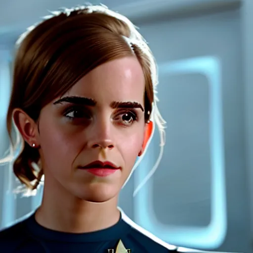 Prompt: Emma Watson in Star Trek, XF IQ4, f/1.4, ISO 200, 1/160s, 8K, RAW, Dolby Vision, symmetrical balance, in-frame