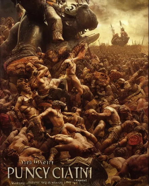 Image similar to Movie poster of the Punic Wars, Highly Detailed, Dramatic, A master piece of storytelling, wide angle, cinematic shot, highly detailed, cinematic lighting, by frank frazetta + ilya repin , 8k, hd, high resolution print