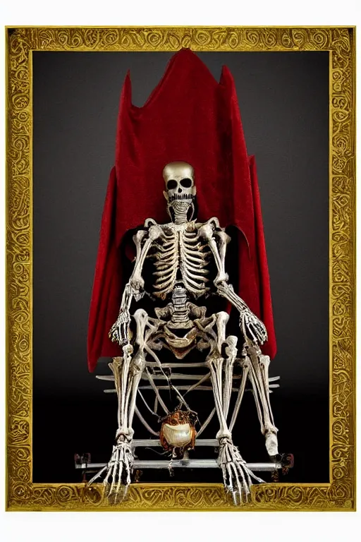 Prompt: wraith skeleton knight wearing crimson cloak sitting on throne, mechanic electric ornaments, golden metallic, realistic, detailed, by caravaggio