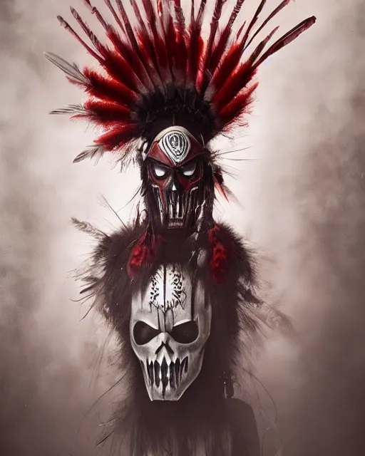 Image similar to the ghost - spirit of the grim - warpaint wears the scarlet skull armor and native blood headdress feathers, midnight fog - mist!, dark oil painting colors, realism, cinematic lighting, various refining methods, micro macro autofocus, ultra definition, award winning photo