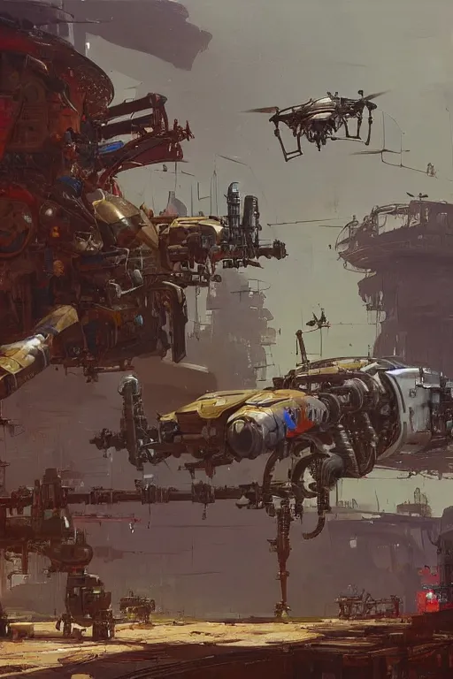 Image similar to dieselpunk concept art of a mechanised farm with drones and mechas working on it, grimy, gritty, dieselpunk trending on artstation, award winning painting, cgi, art by john berkey and anton fadeev and john howe and simon stalenhag