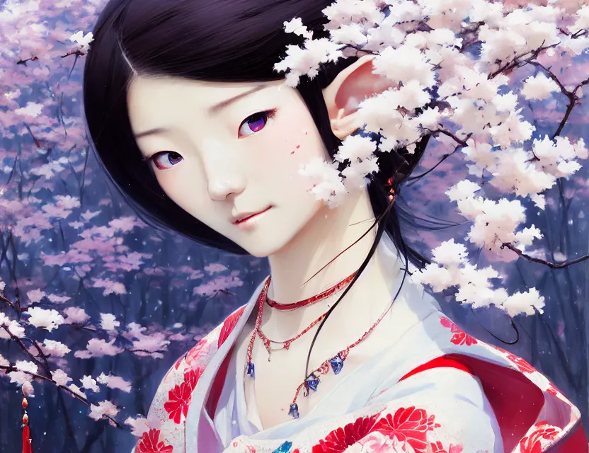 Image similar to a beautiful shibuya 1 0 9 female elf with haori and kimono decollete and jewelry | | snowy, realistic shaded, unpleasant face, channel, fasion, fine details, realistic shaded lighting poster by makoto shinkai, jeremy lipkin, michael garmash, magali villeneuve, artgerm, jeremy lipkin and michael garmash