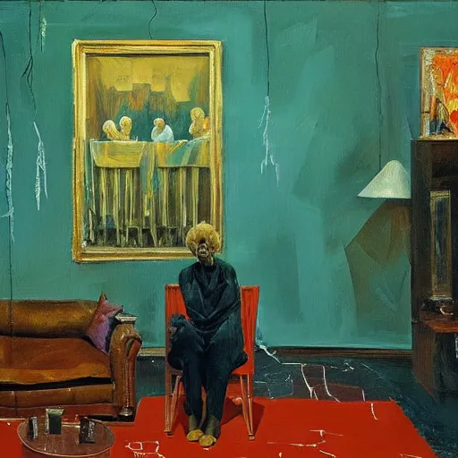 Image similar to high quality high detail painting of a old couple in a soviet living room by lucian freud and zdzislaw beksinski and francis bacon, hd, dark atmosphere, turquoise and orange