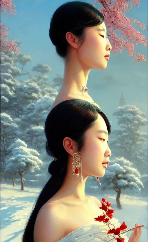 Image similar to a beautiful young charming asian goddess with sundress + jewelry + shinny eyes | | winter, symmetric, realistic shaded, unpleasant face, good looking, fine details, dior, lv, realistic shaded lighting poster by greg rutkowski, macoto takahashi, magali villeneuve, artgerm, jeremy lipkin and michael garmash