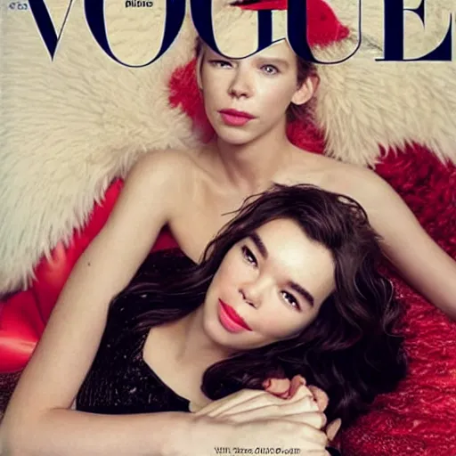 Image similar to stunning vogue magazine photo of dark - haired goddesses vanessa kirby, hailee steinfeld, and bjork smiling, legs intertwined, laying back on the bed, surrounded by adult toys, with wet faces!!, wet lips, smooth skin, perfect eyes, insanely detailed, elegant, by wlop, rutkowski, livia prima, mucha, wlop,