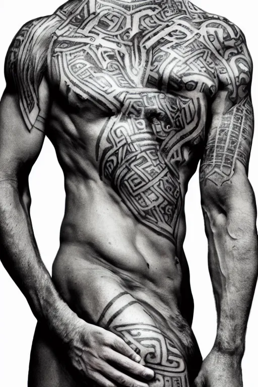 Image similar to centred completely front portrait of a muscular torso covered in runic tattoos front view, art by Ruan Jia , Moebious, Craig Mullin, and Nick Knight