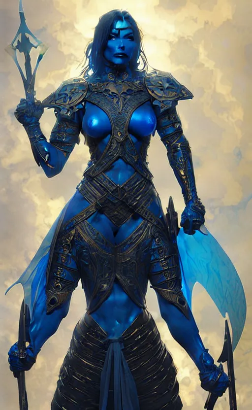 Prompt: Gothic muscular warrior queen in blue and black mythical heavy armor, fantasy, highly detailed, digital painting, artstation, concept art, smooth, sharp focus, illustration, art by artgerm and greg rutkowski and alphonse mucha