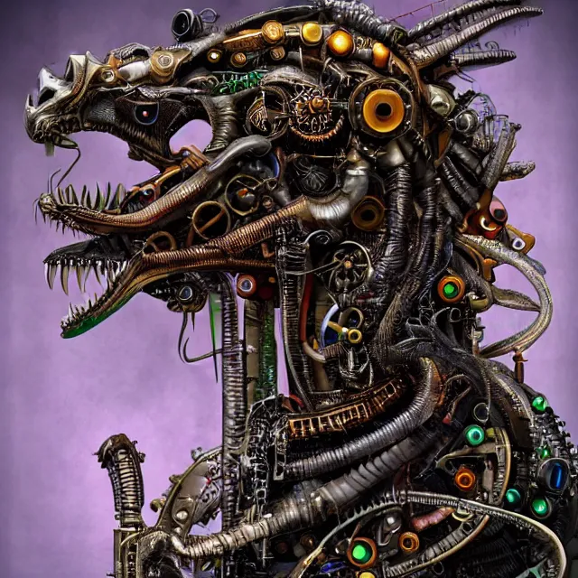 Image similar to profile portrait of a dragon, computer parts, mechanical parts, by giuseppe arcimboldo, steampunk, cyberpunk, futuristic, psychedelic, surreal, sci - fi, vaporwave, alien, dreamlike.