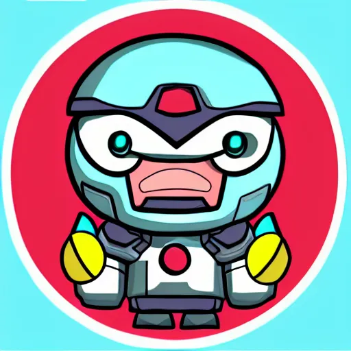 Prompt: art chibi angry buff robot character with dog nose and angelic halo, border, pastel, pokemon, digimon, vibrant, kawaii, sticker, icon, cartoon, smooth style