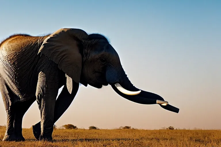 Prompt: a photograph of an elephant with the fur of a zebra, national geographic, mid-day sunlight, blue sky, award winning photo, 100mm lens