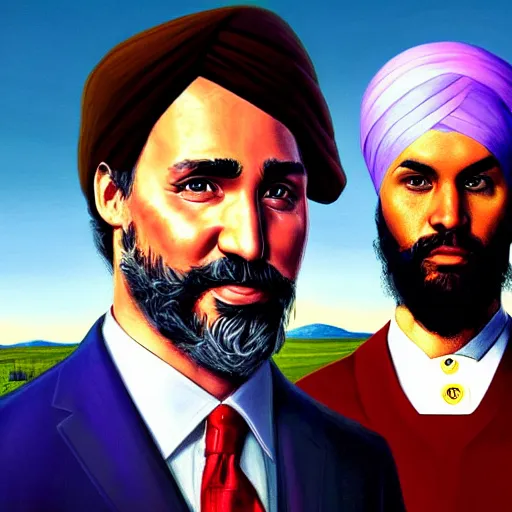 Image similar to Justin Trudeau beside Jagmeet Singh, pictured in the american gothic painting, concept art, sharp focus, highly detailed digital painting by Grant Wood, artstation