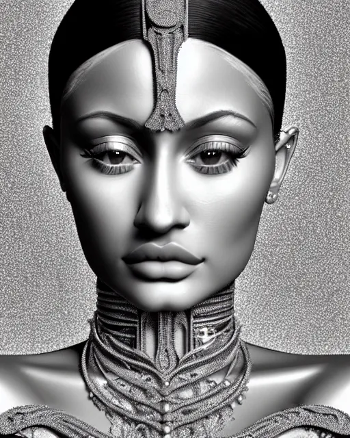 Prompt: bw 3 d render of a beautiful young kylie jenner female queen - cyborg - vegetal, intricate fractal ornament in the bust with a very long neck, elegant, highly detailed intricate rococo ornament in her silver long hair, realistic, refined, highly detailed, cinematic outdoor lighting, by flora borsi in the style of dora maar, volumetric lighting, hyper realistic photography