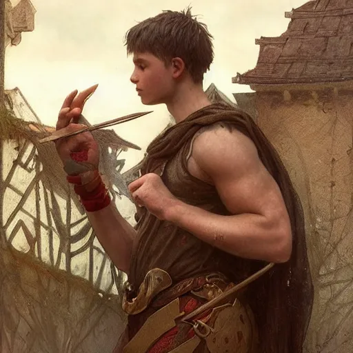 Image similar to a boy training to be a warrior painting, ultra realistic, concept art, intricate details, eerie, highly detailed, medieval town, no armor, no weapons, tutor in background, photorealistic, octane render, 8 k, unreal engine. art by artgerm and greg rutkowski and alphonse mucha