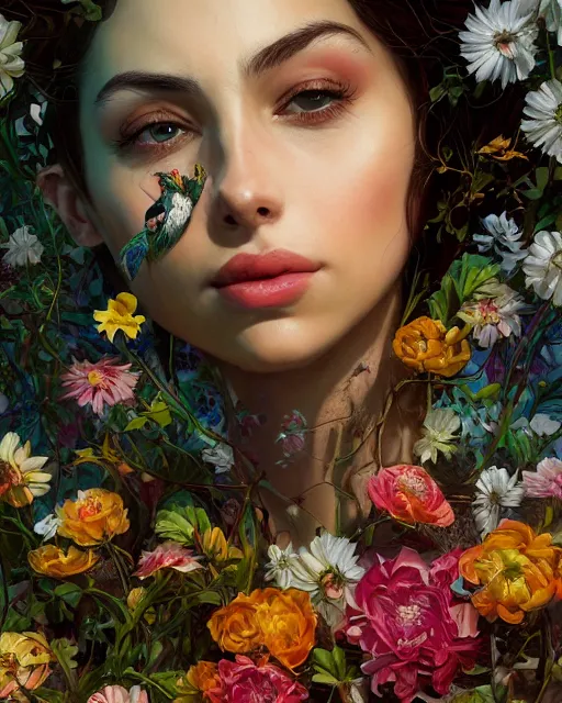 portrait of riley reid, surrounded by flowers by karol | Stable Diffusion