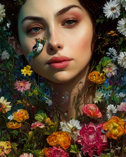 Image similar to portrait of riley reid, surrounded by flowers by karol bak, james jean, tom bagshaw, rococo, sharp focus, trending on artstation, cinematic lighting, hyper realism, octane render, 8 k, hyper detailed.