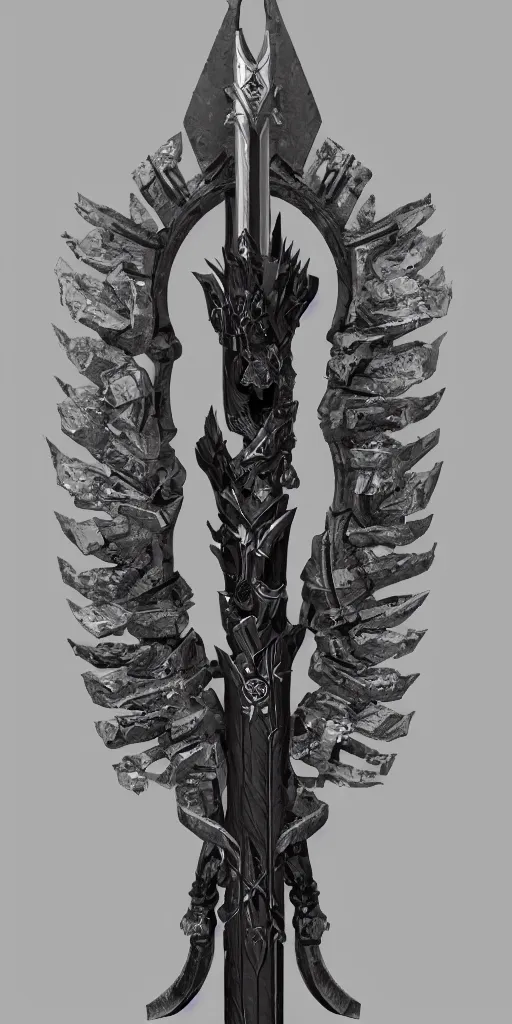 Image similar to a black and silver sword skull crest, ornament, weapon, a 3 d render by dom qwek, front side, concept art, trending on polycount, artstation, hard surface modeling, rendered in maya, zbrush, hd, vray, blizzard, symmetry