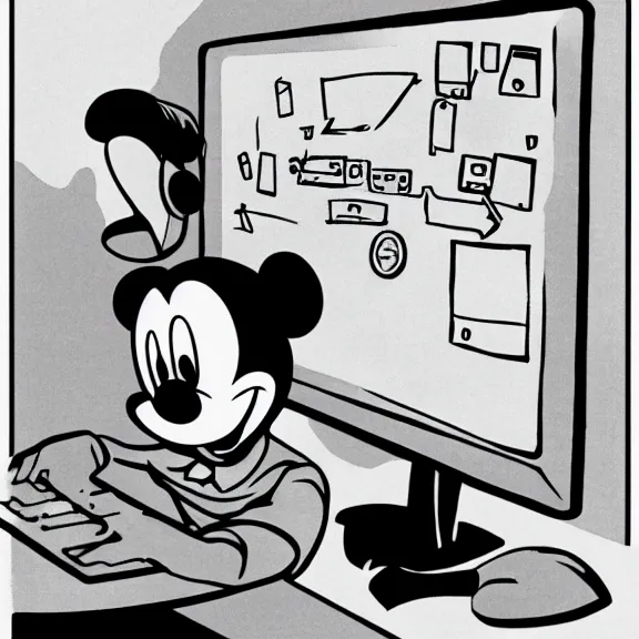 Prompt: walt disney illustration of a man frustrated with a computer